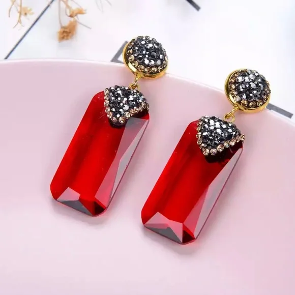 Red Crystal Dangle Earrings by Grathia Cero - Picture 2 of 4